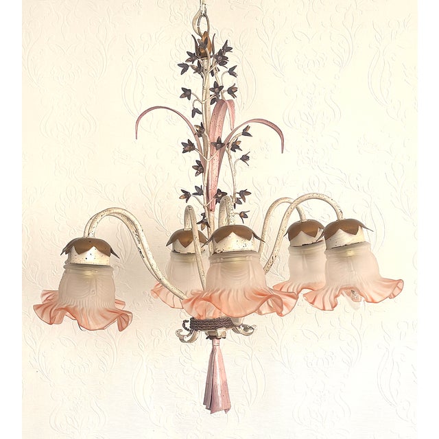 Vintage Italian White and Gold Patinated Metal and Glass Chandelier, 1970s For Sale - Image 11 of 15