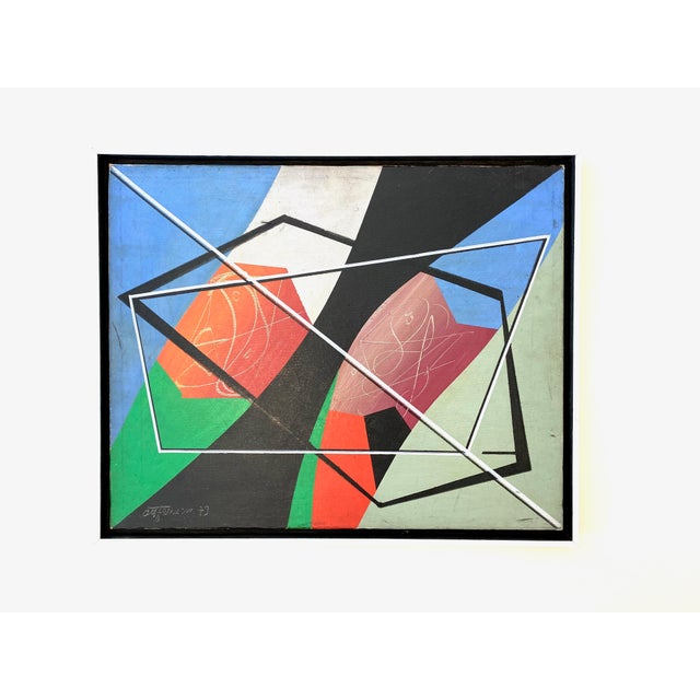 Black Vintage Italian Postmodern Geometric Abstract Oil Painting For Sale - Image 8 of 8