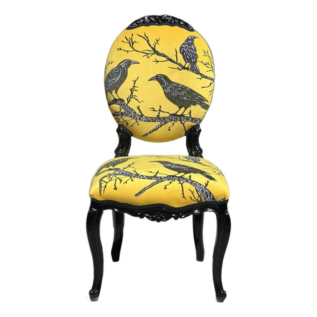 1960s Gothic Raven Crow Yellow Velvet and Embroidery Chair For Sale