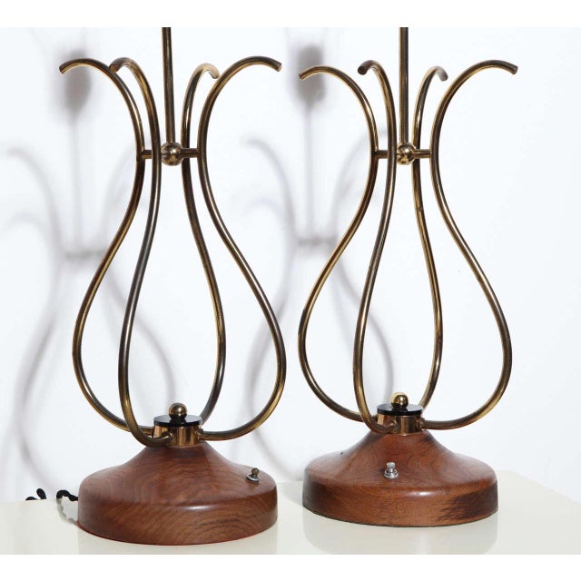 Tall Brass, Walnut & Lucite "Scroll" Style Table Lamps, 1950's - A Pair For Sale - Image 9 of 10