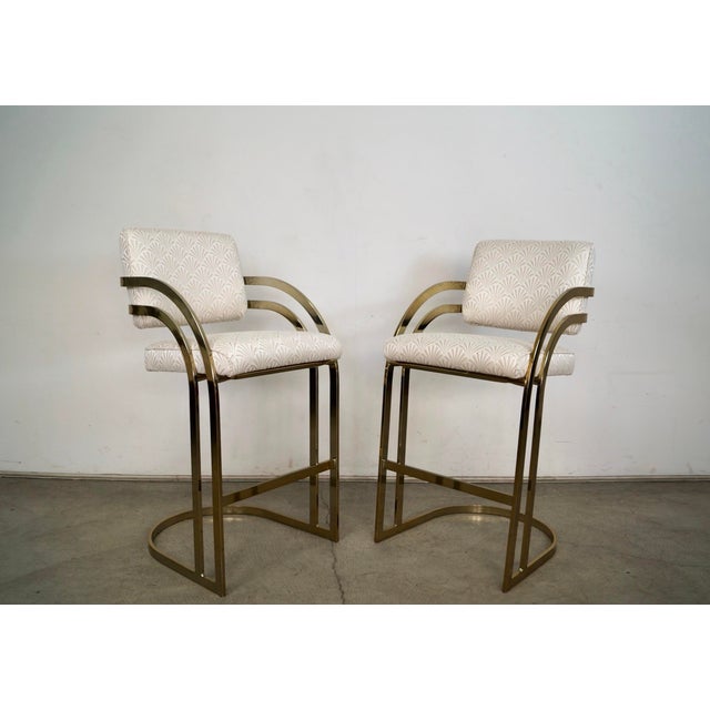 Cal-Style 1980’s Art Deco Hollywood Regency Brass Bar Stools - A Pair For Sale - Image 4 of 12