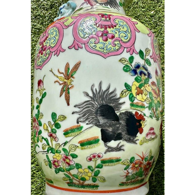 Pair of Antique 19th Century Rare Chinese Porcelain Vases Hand Painted Roosters, Florals & Insects For Sale - Image 16 of 18