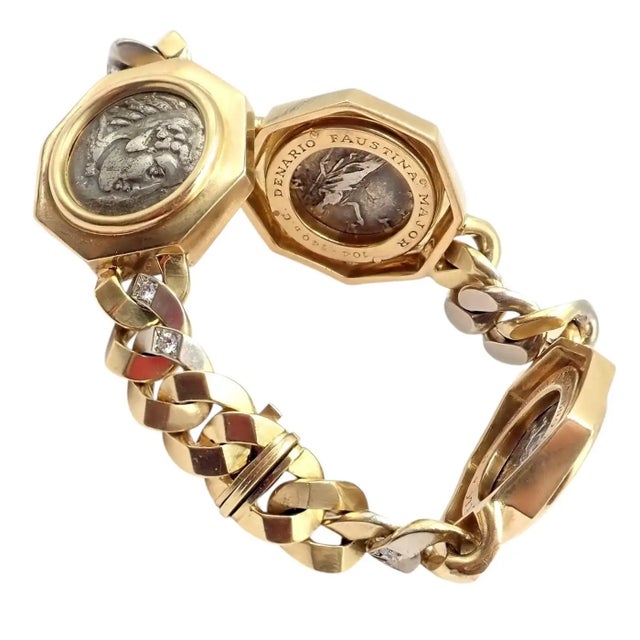 Bulgari Vintage Monete Three Large Ancient Coin Diamond Gold Link Bracelet For Sale - Image 14 of 17