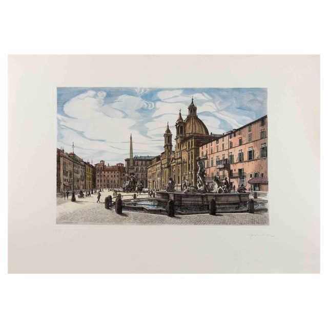 Giuseppe Malandrino, View of Piazza Navona, Etching, 1970s For Sale