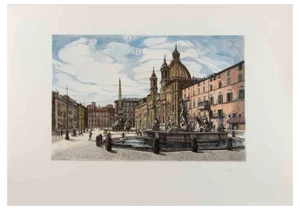 Giuseppe Malandrino, View of Piazza Navona, Etching, 1970s