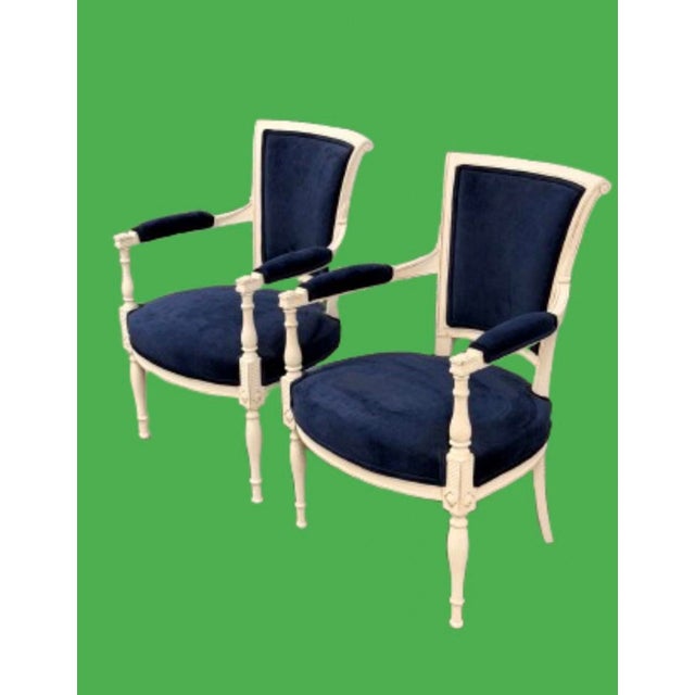 Rustic European Vintage Classic French “ Petite “ Louis XVI Style Armchairs Featuring Deep Navy Blue Velvet Upholstery - A Pair For Sale - Image 3 of 12