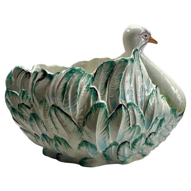 Ceramic Large Hand-Painted Majolica Swan Jardinière, Italy, 1930s For Sale - Image 7 of 10