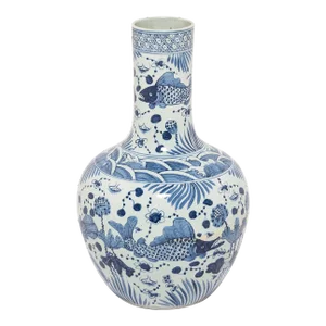 Early 21st Century Fish and Flora Blue and White Gooseneck Vase