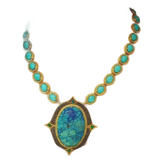 Bochic "Capri" Vintage Diamonds, Emeralds & Turquoise Necklace Set In 18K & Silver For Sale