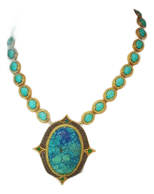Bochic "Capri" Vintage Diamonds, Emeralds & Turquoise Necklace Set In 18K & Silver