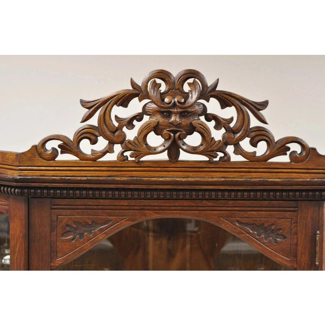 Victorian Antique Victorian Renaissance Oak Glass Door Carved Curio Corner China Cabinet For Sale - Image 3 of 12