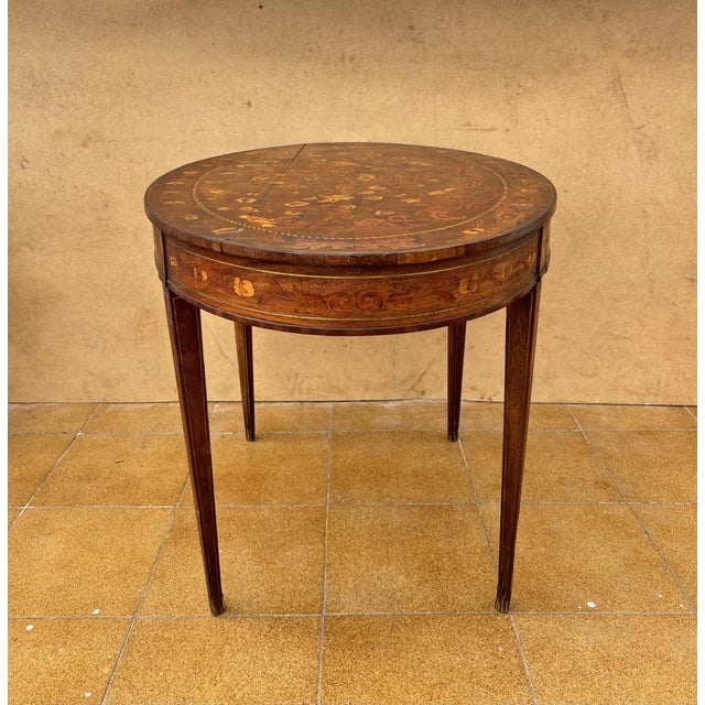 Vintage Oval Marquetry Side Table with Drawer, 1920 For Sale - Image 10 of 13