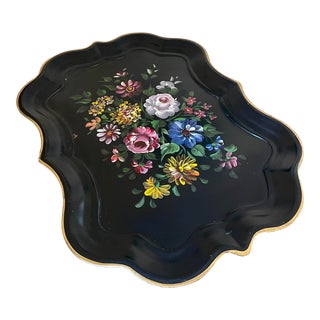 Large Mid-Century Hand Painted Flowered Tole Tray For Sale