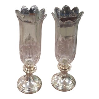 Pair Revere Silversmiths Weighted Sterling Silver & Crystal Shade Candle Holders For Sale