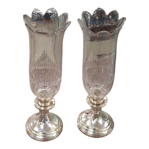 Pair Revere Silversmiths Weighted Sterling Silver & Crystal Shade Candle Holders