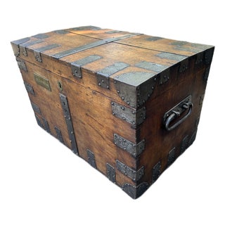 Antique English Oak and Iron Silver Chest, Mid 1800's For Sale
