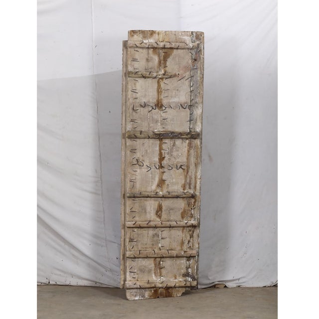 Wood Antique Indian Bleached Teakwood and Iron Gujarati Door For Sale - Image 7 of 8