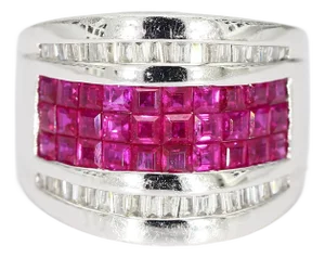 18k White Gold Ring Lab-Grown Princess Cut Rubies & Accent Diamonds - Size 6.25