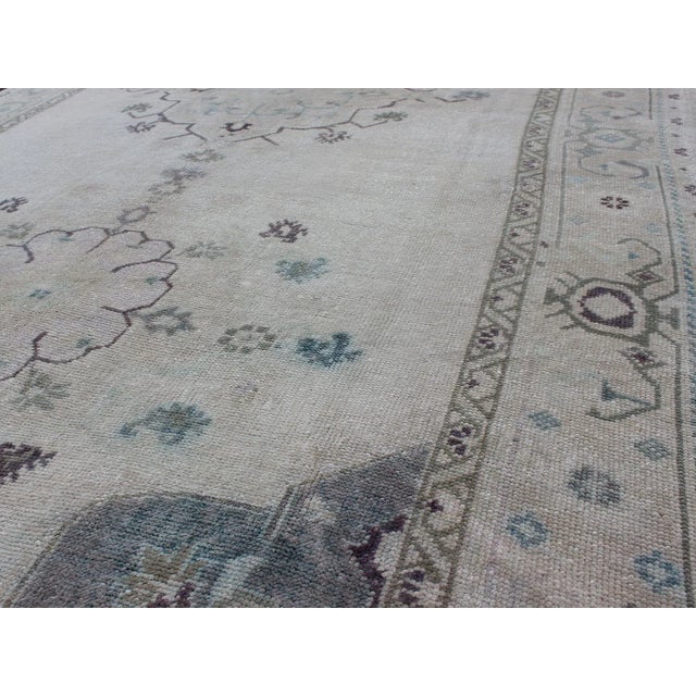Mid 20th Century Vintage Oushak Gallery Rug in Soft Gray, Ivory, and Hints of Blue Accents For Sale - Image 5 of 6
