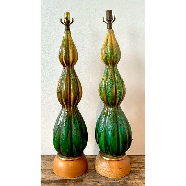 Emerald Vintage MCM Lava Glaze Ceramic Lamps - A Pair For Sale - Image 8 of 12
