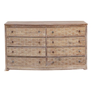 Bleached Wood Lotus Diamond Carved Bow-Front Dresser For Sale