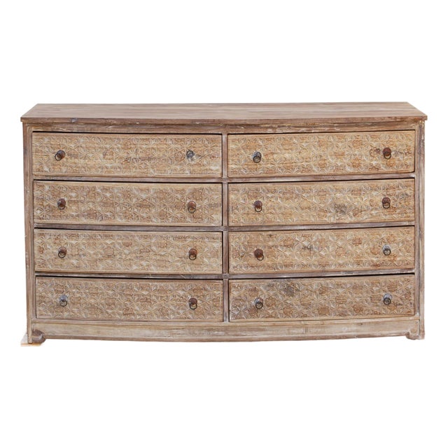 Bleached Wood Lotus Diamond Carved Bow-Front Dresser For Sale