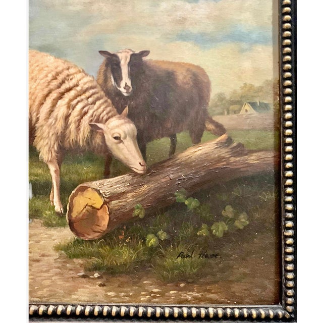 Wood Late 20th Century Painting Chicken and Sheep Oil on Canvas Signed and Framed Large Vintage Fine Art For Sale - Image 7 of 8