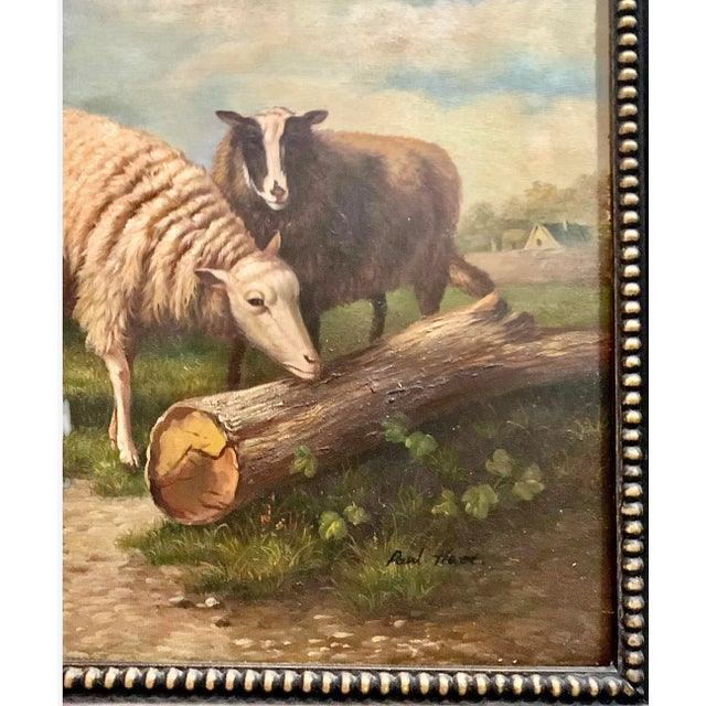 Wood Late 20th Century Realist Oil Painting, Chicken and Sheep in Nature, Signed & Framed, 36"w For Sale - Image 7 of 8