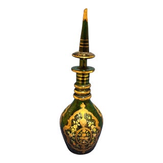 19th Century Bohemian Emerald Green Enameled & Gilt Glass Decanter With Stopper For Sale