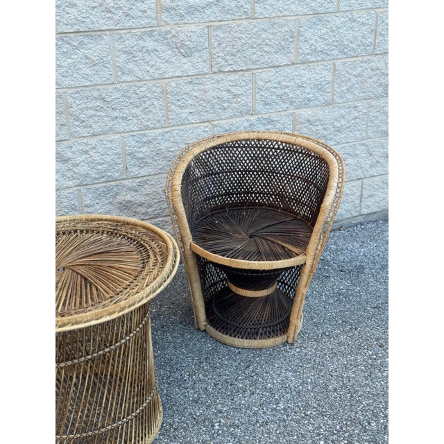 1970s Boho Coastal Wicker Rattan Barrel Chairs With Matching Drum Table – Set of 3 For Sale In Philadelphia - Image 6 of 12
