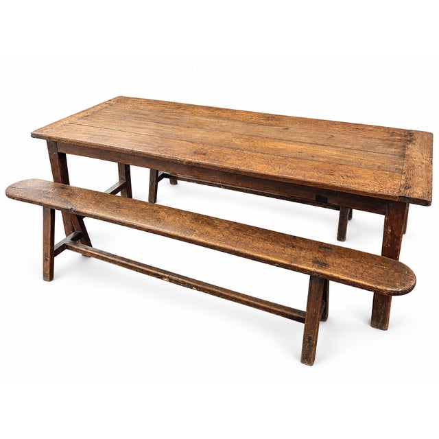 Rustic Large Antique Early 20th Century French Oak Farmhouse Table with Drawer and Two Benches For Sale - Image 3 of 10
