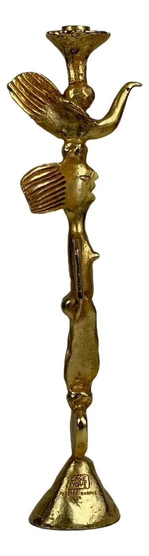 Pierre Casenove for Fondica France Tall Vintage 1990s Signed Gilt Bronze Woman, Bird & Heart Candlestick