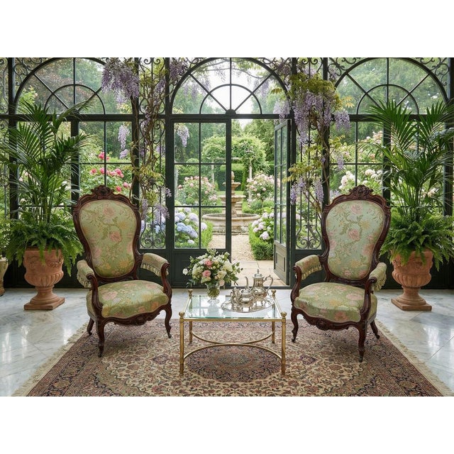 A prestigious pair of period armchairs dating back to the second half of the 19th century, in the Rococo Revival style...