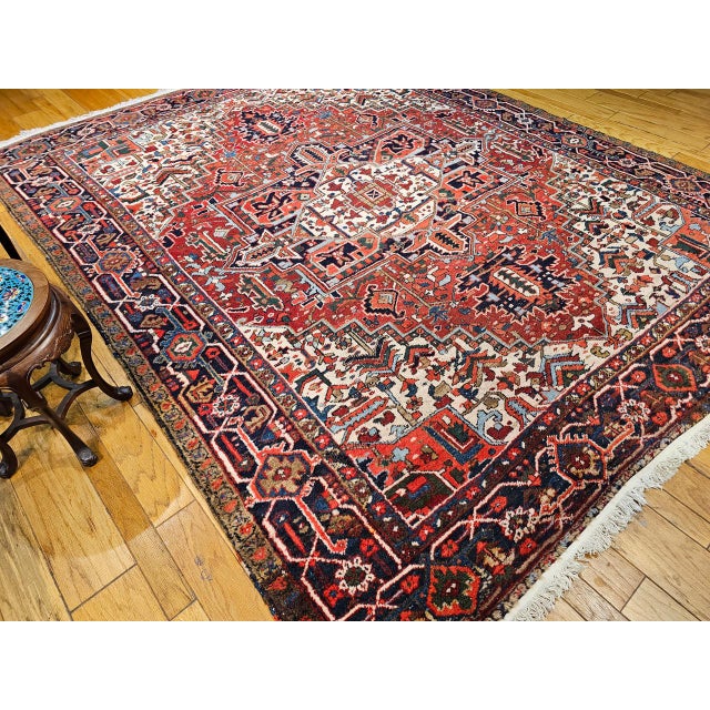 Red Vintage Persian Heriz Rug, Hand-Knotted Wool, Geometric Medallion Pattern, Red & Navy, 9x11 For Sale - Image 8 of 17