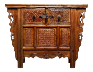 Antique Intricately Chinese Carved Altar Coffer with Two Drawers over Doors