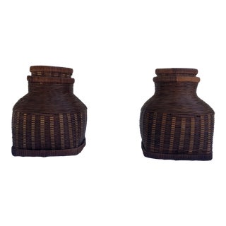 Mid 20th Century Wicker Decorative Containers With Inverted "Cork-Style" Lids - a Pair For Sale