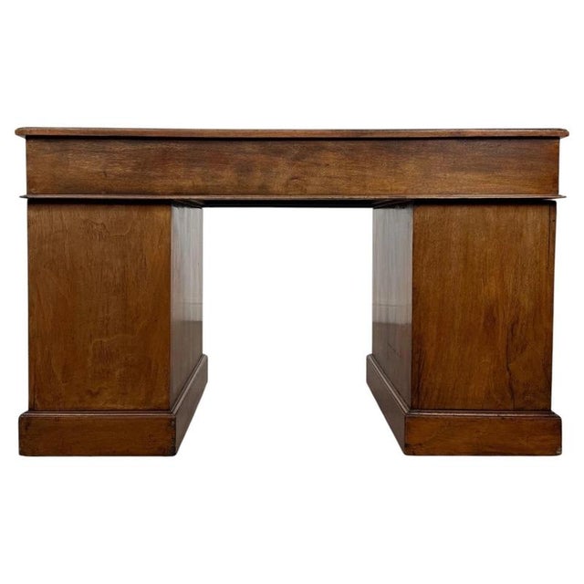 Blue Antique English Walnut Pedestal Desk with Blue Leather Top For Sale - Image 8 of 12