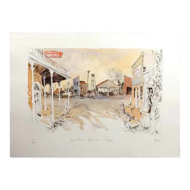 William Papas "Ghost Town - Shaniko, Oregon" Hand Colored Fine Art Etching For Sale