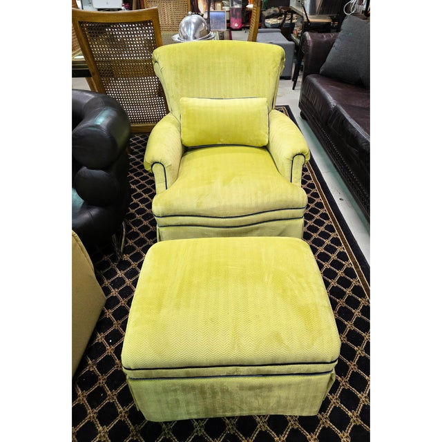 Traditional Chartreuse Custom Designer Upholstered Armchair & Ottoman Set of 2 For Sale - Image 3 of 8