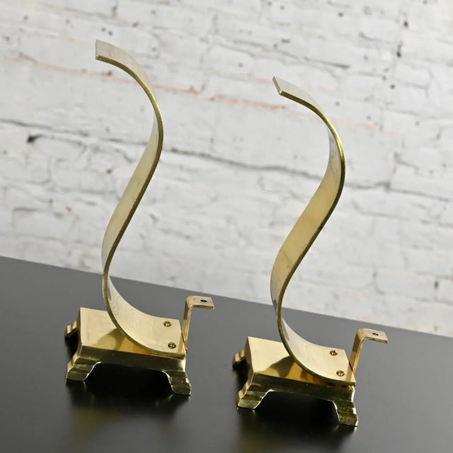 1960-1970Äôs MCM to Modern Andirons or Firedogs Solid Brass Wave Scroll or S Shaped For Sale - Image 6 of 12