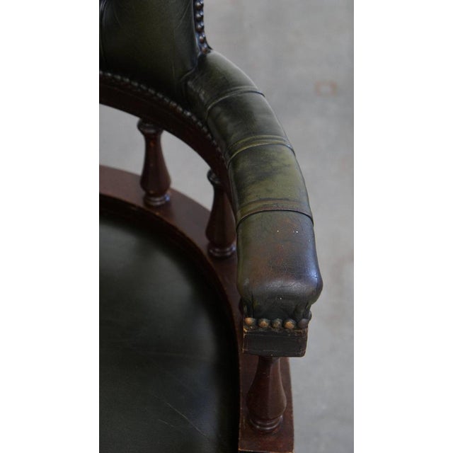 Brown Dark Green Cowhide and Wooden Height Adjustable Swivel and Tilt Chesterfield Office Chair For Sale - Image 8 of 17