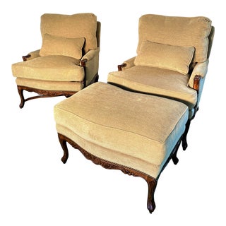 Edward Ferrell + Lewis Mittman French Provincial Upholstered Bergere Chairs With Ottoman - 3 Pieces For Sale