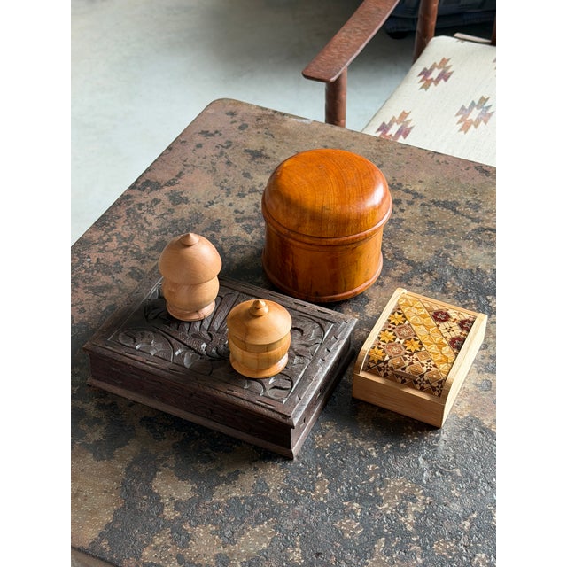 A collection of five (5) wood boxes: Two are by studio artist L.W. Joy and were all created in the early 2000's and are...