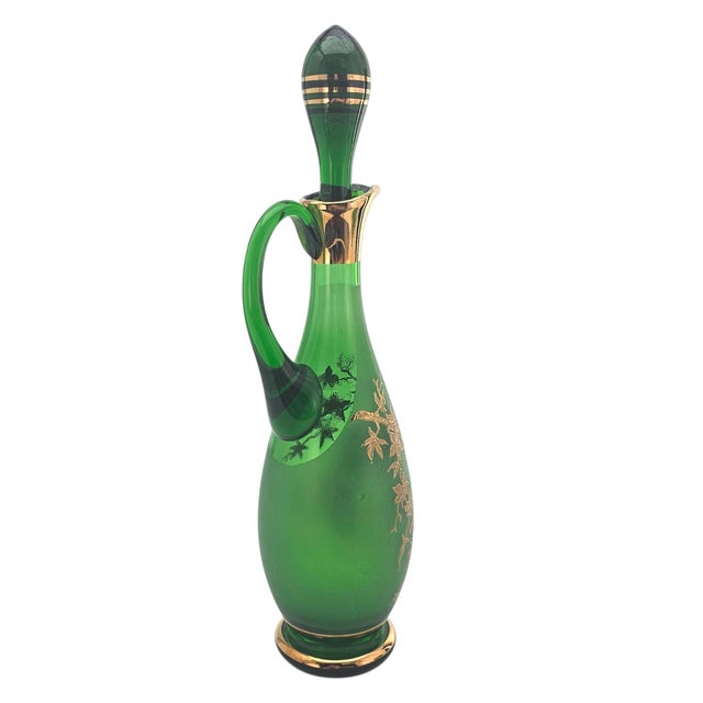 Glass Mid-Century Frosted Emerald Glass Decanter Set With Gilt Pheasant Motif, 15" For Sale - Image 7 of 16