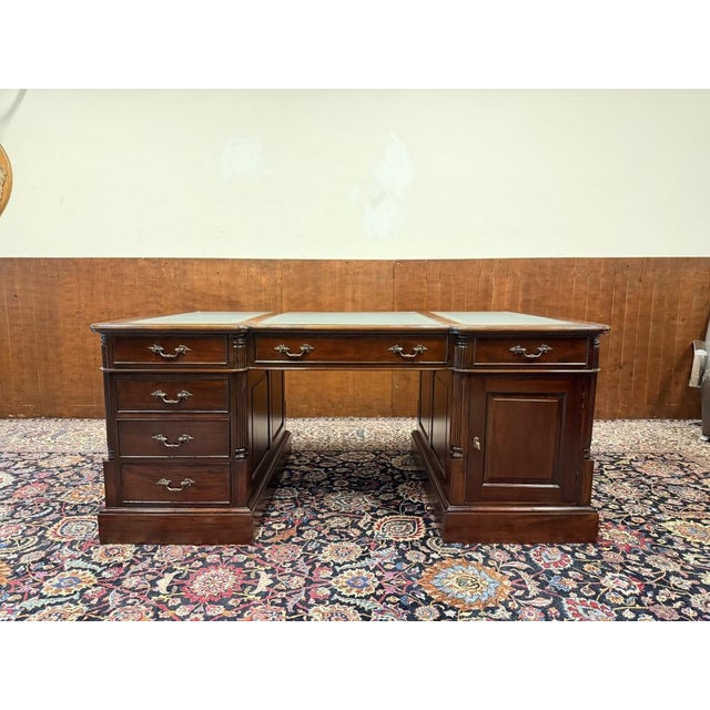 English Partner Desk in Wood and Leather For Sale - Image 3 of 18