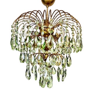 Vintage Crystal Chandelier – 1960s Hand Green Drop Crystals For Sale