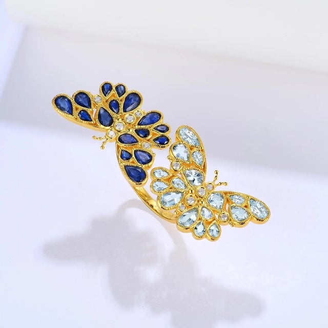 Not Yet Made - Made To Order Nina Zhou Sapphire Aquamarine Diamond Two Butterfly Between the Finger Cocktail Ring in 14k Yellow Gold, size 7 For Sale - Image 5 of 9
