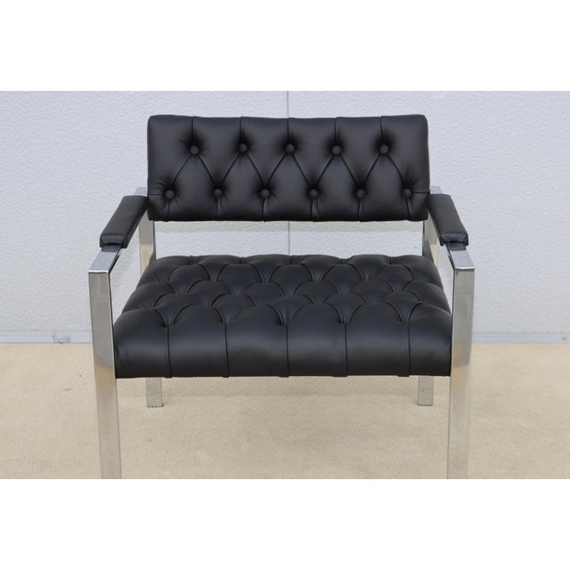 1970s Milo Baughman For Thayer Coggin Tufted Leather Chrome Armchair For Sale - Image 5 of 12