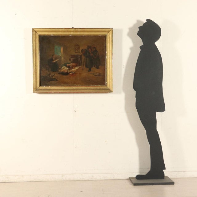 Oil on canvas. It probably depicts a tragic anti-Semitic event. On the right, a wounded soldier in Russian uniform is...