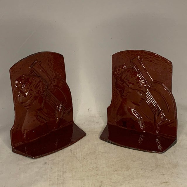 Art Deco Metal Bookends: Woman Playing Lyre, Ronson c. 1925 For Sale - Image 6 of 9